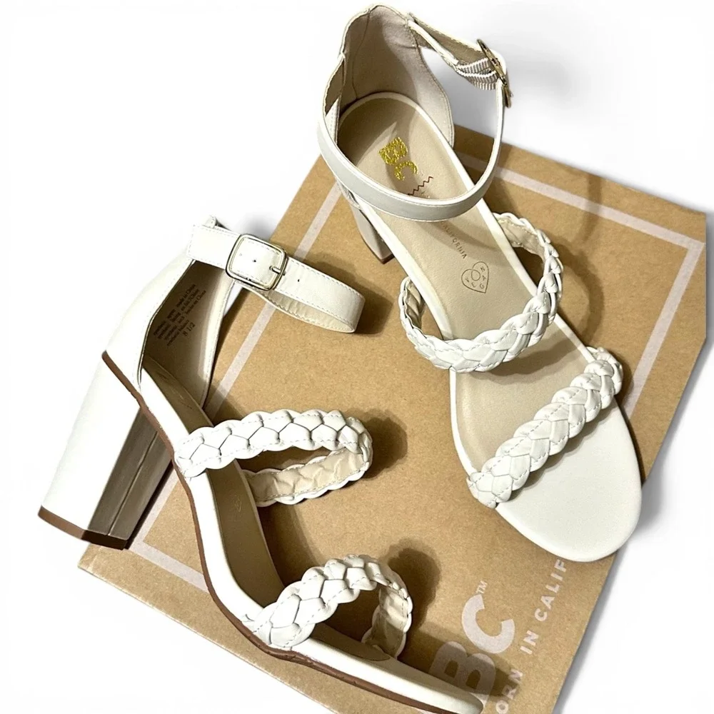 BC Footwear Wanna Be Off White Vegan Leather Braided Block Heel Sandals 8.5 - Picture 6 of 7